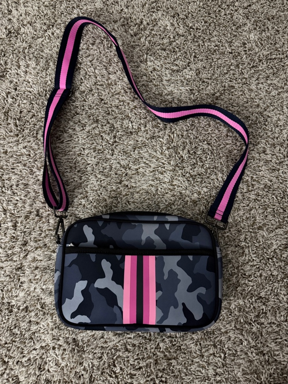 Camouflage Crossbody Bag with Pink Stripe